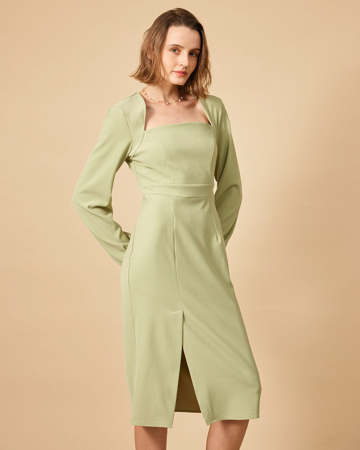 Solid color square neck long sleeve dress
