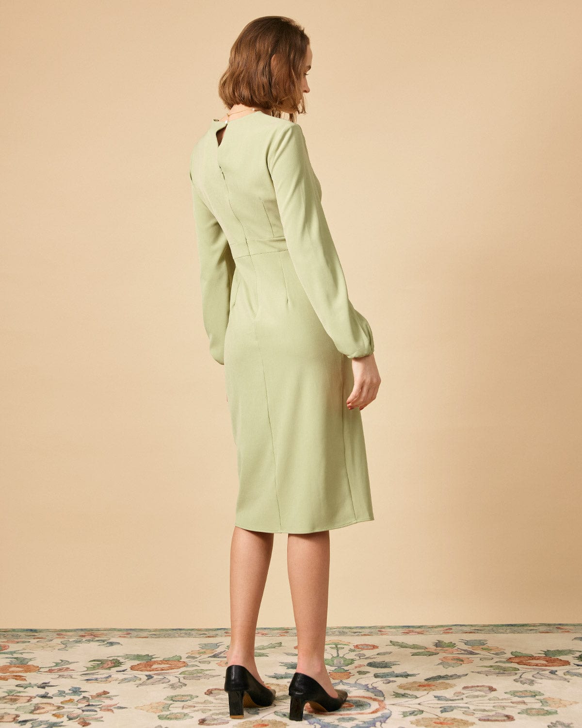 Solid color square neck long sleeve dress