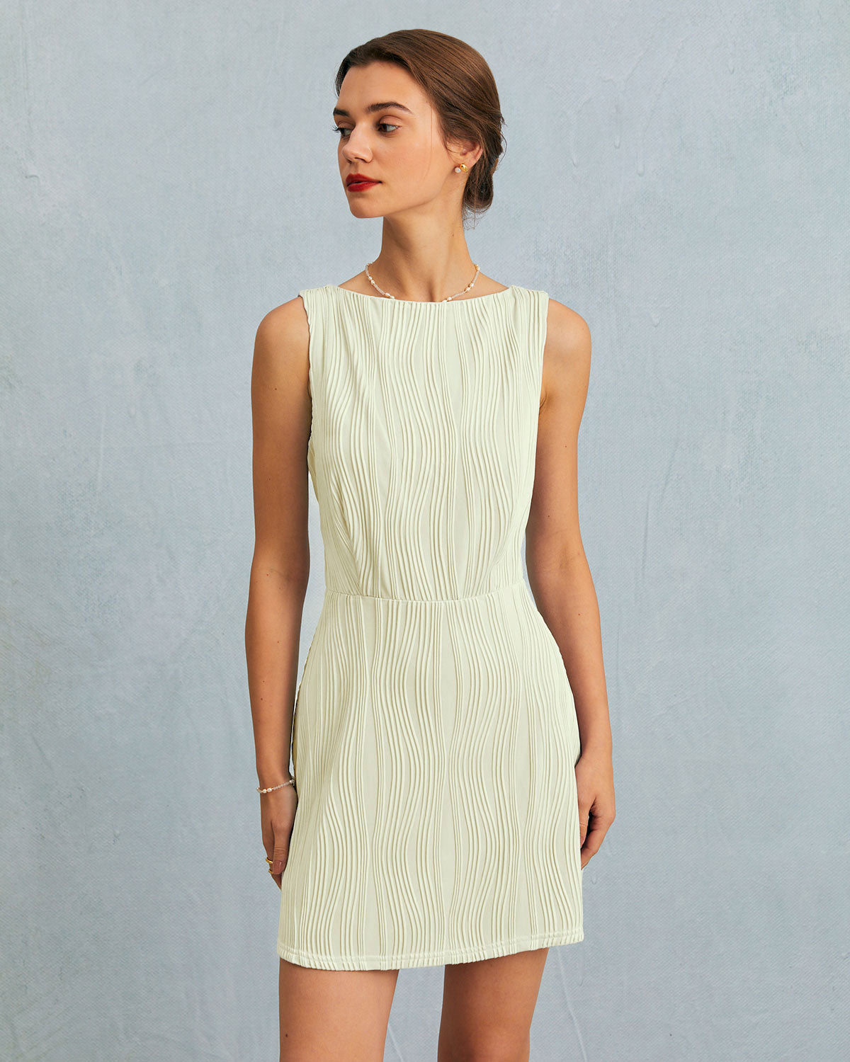 Beige Ripple Texture Sleeveless Mini Dress