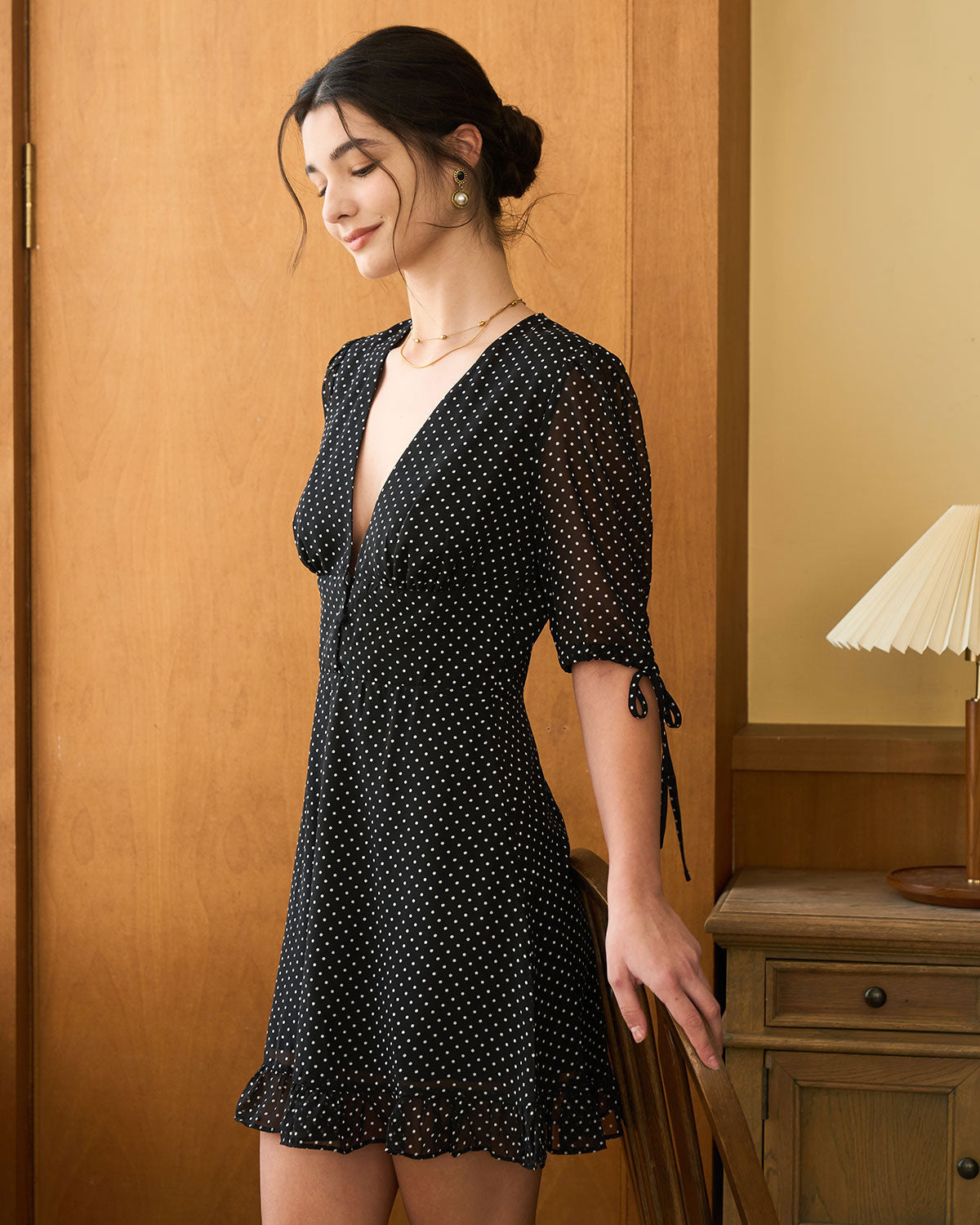 Black Polka Dot Deep V Neck Mini Dress