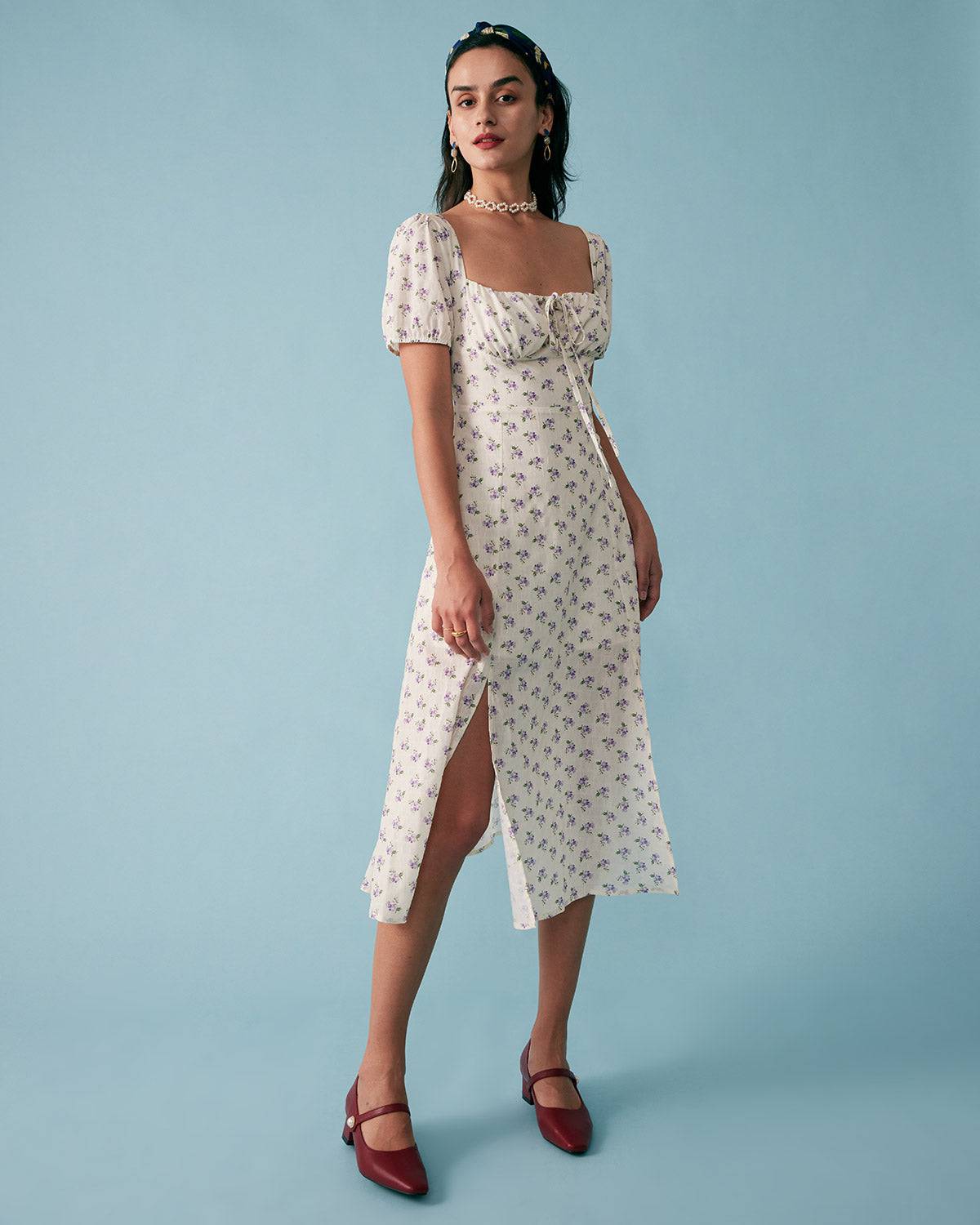 Short Sleeve Floral Pleated Midi Dress
