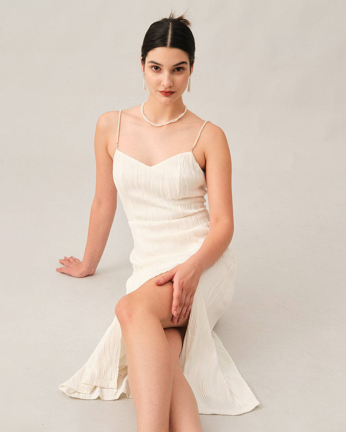 Wavy Pearl Strap Midi Dress