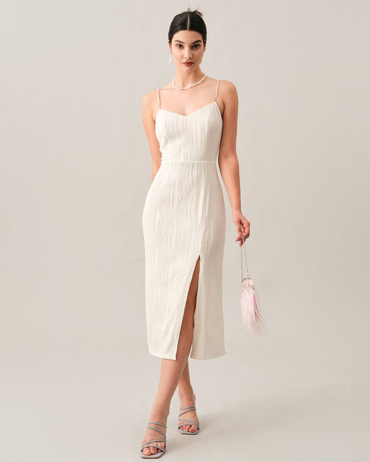Wavy Pearl Strap Midi Dress