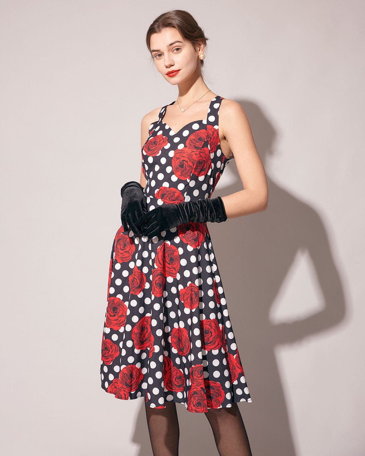 Sweetheart Neck Polka Dot Rose Sling Midi Dress