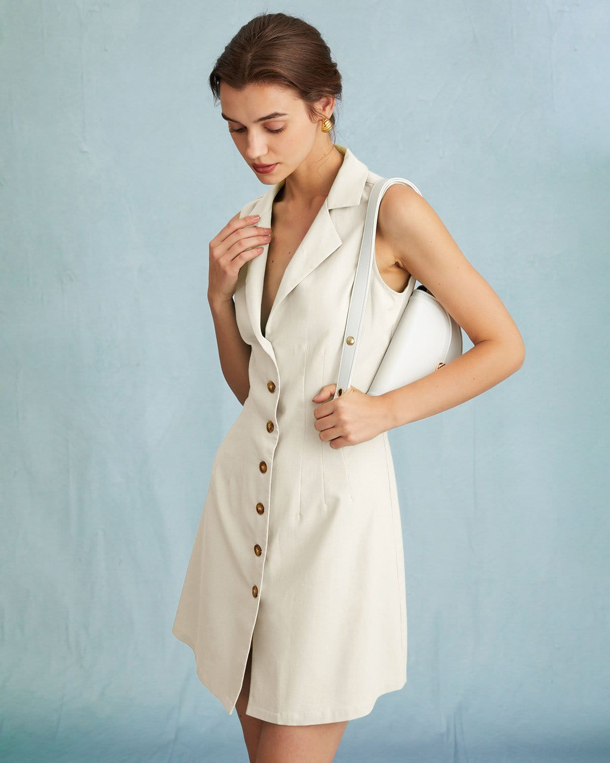 Beige Lapel Button Sleeveless Mini Dress