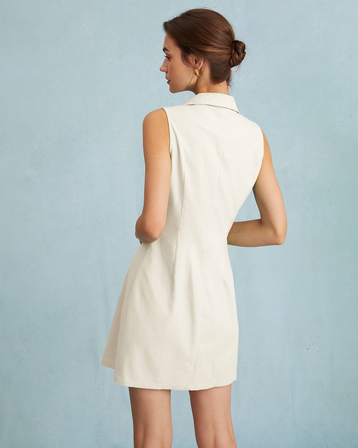 Beige Lapel Button Sleeveless Mini Dress