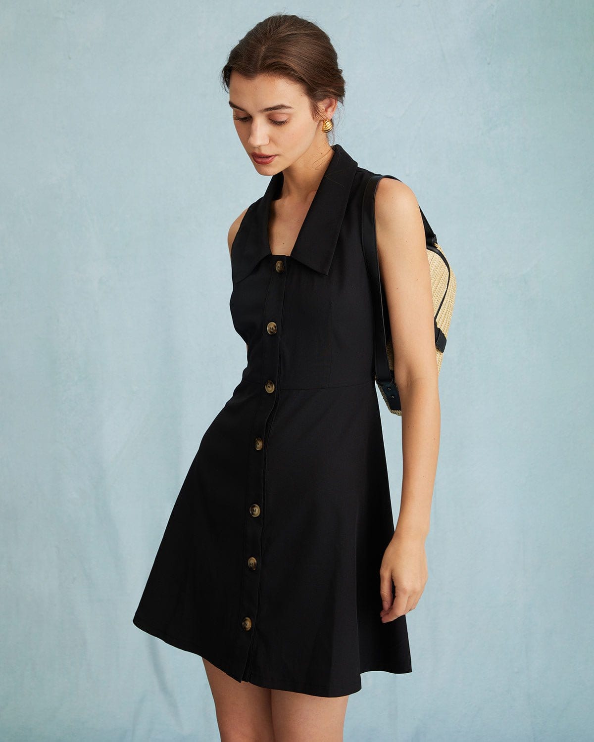 Black Sleeveless Collared A-Line Shirt Mini Dress