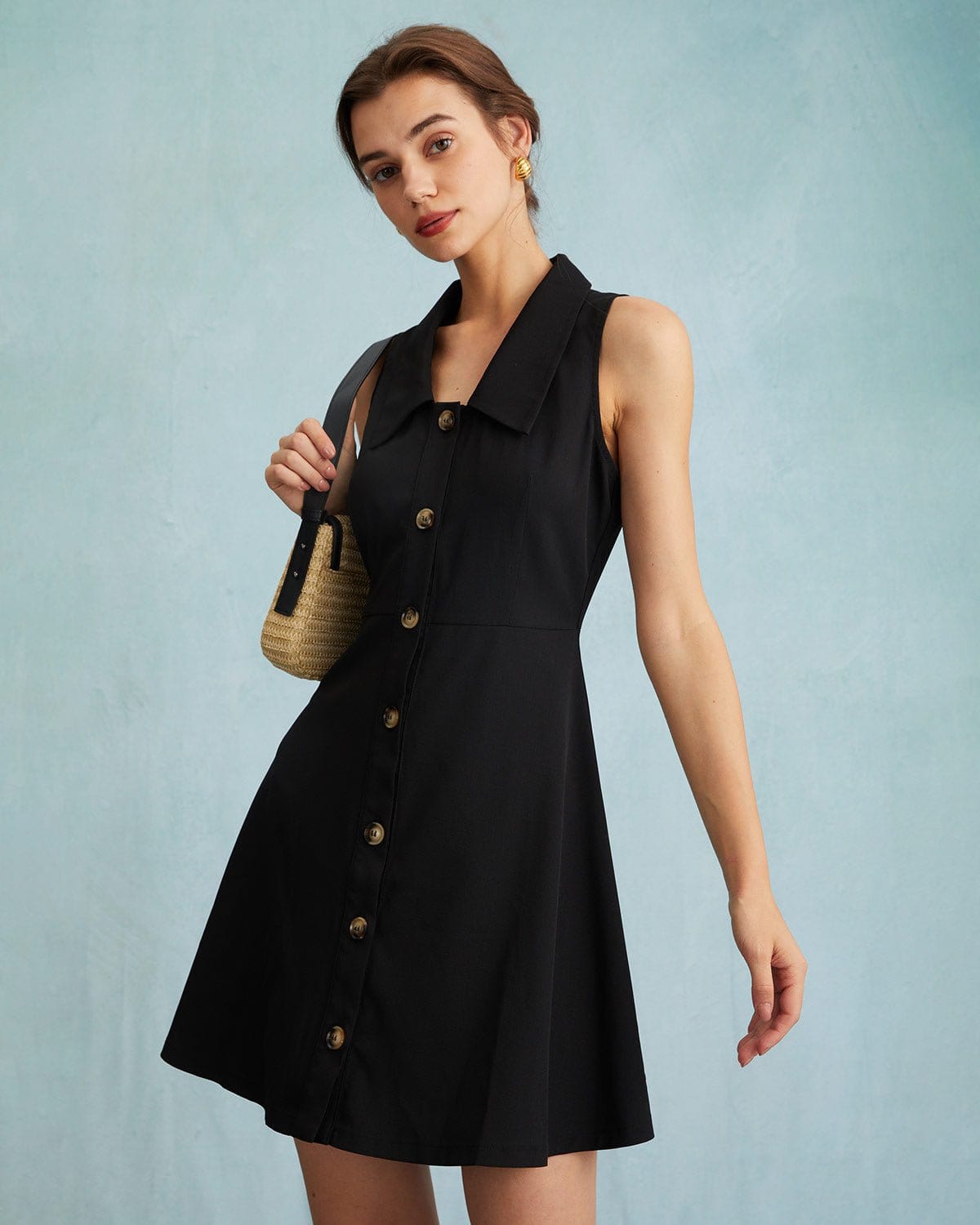 Black Sleeveless Collared A-Line Shirt Mini Dress