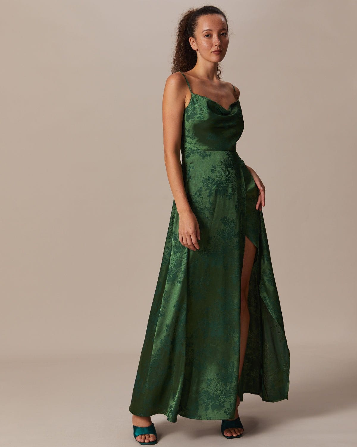 Green Satin Jacquard Drape Neck Maxi Dress