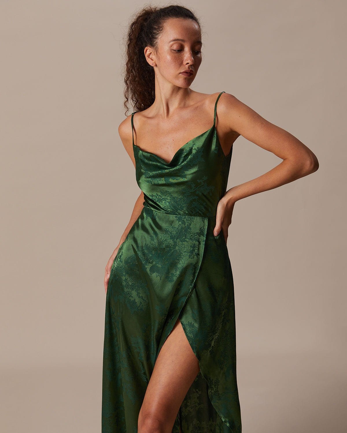 Green Satin Jacquard Drape Neck Maxi Dress