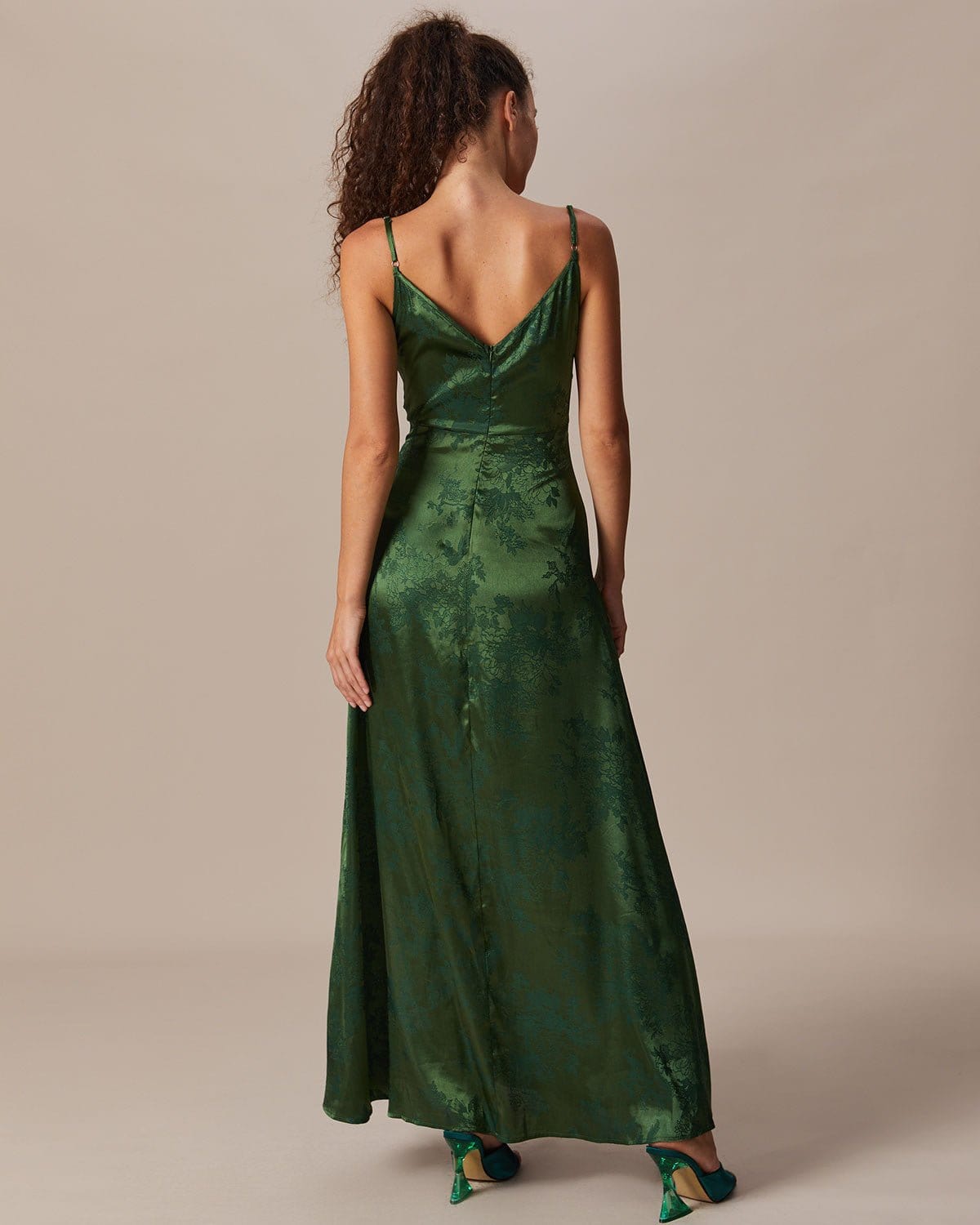 Green Satin Jacquard Drape Neck Maxi Dress