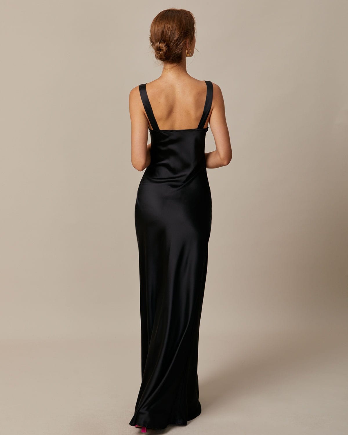 Black satin maxi dress with draped neck