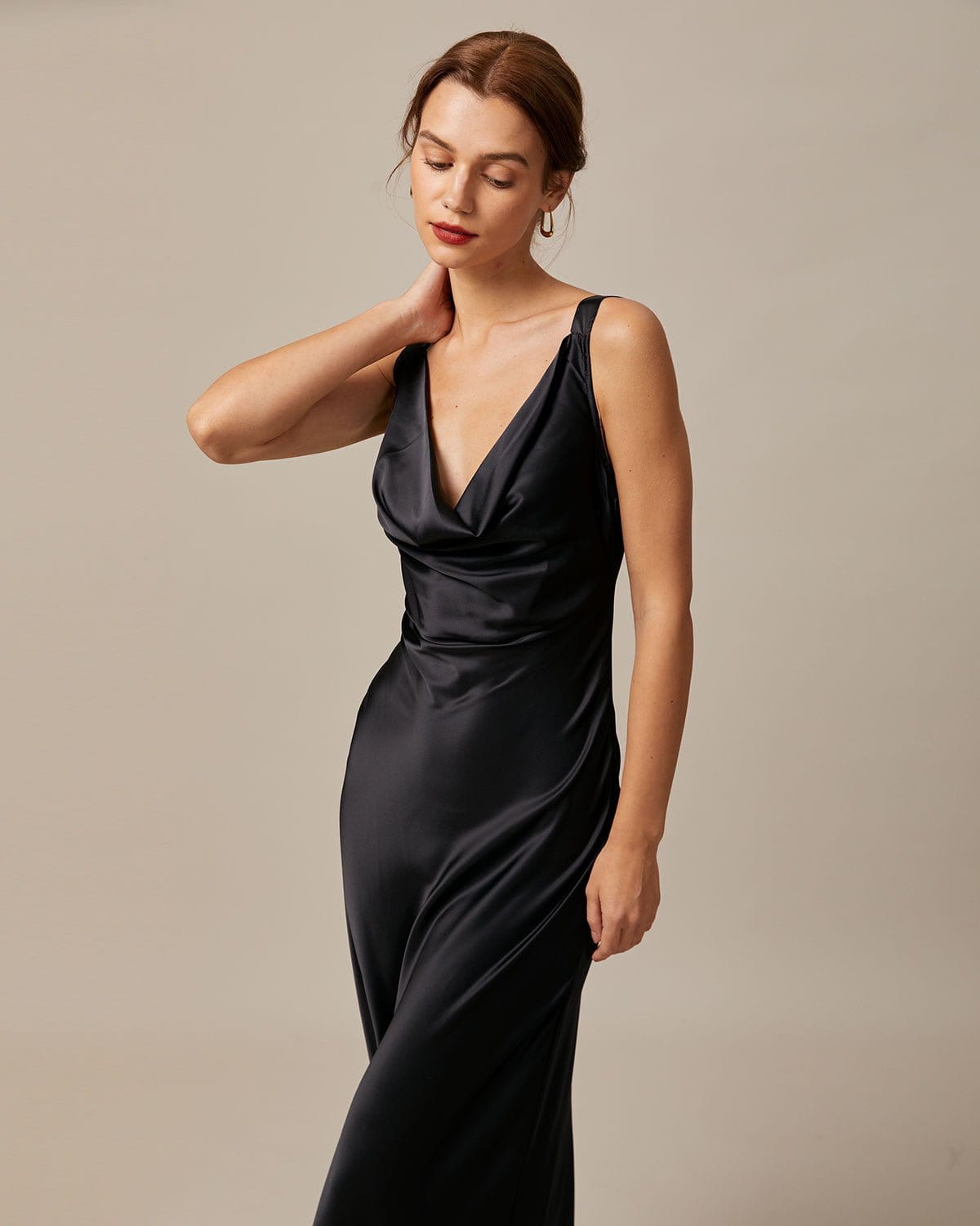 Black satin maxi dress with draped neck
