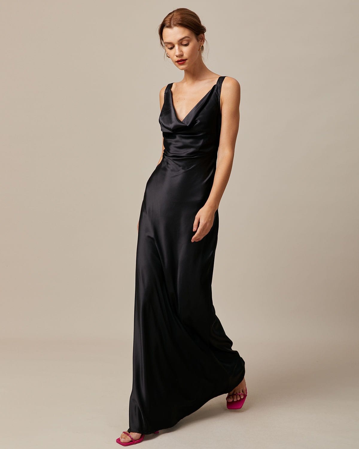 Black satin maxi dress with draped neck