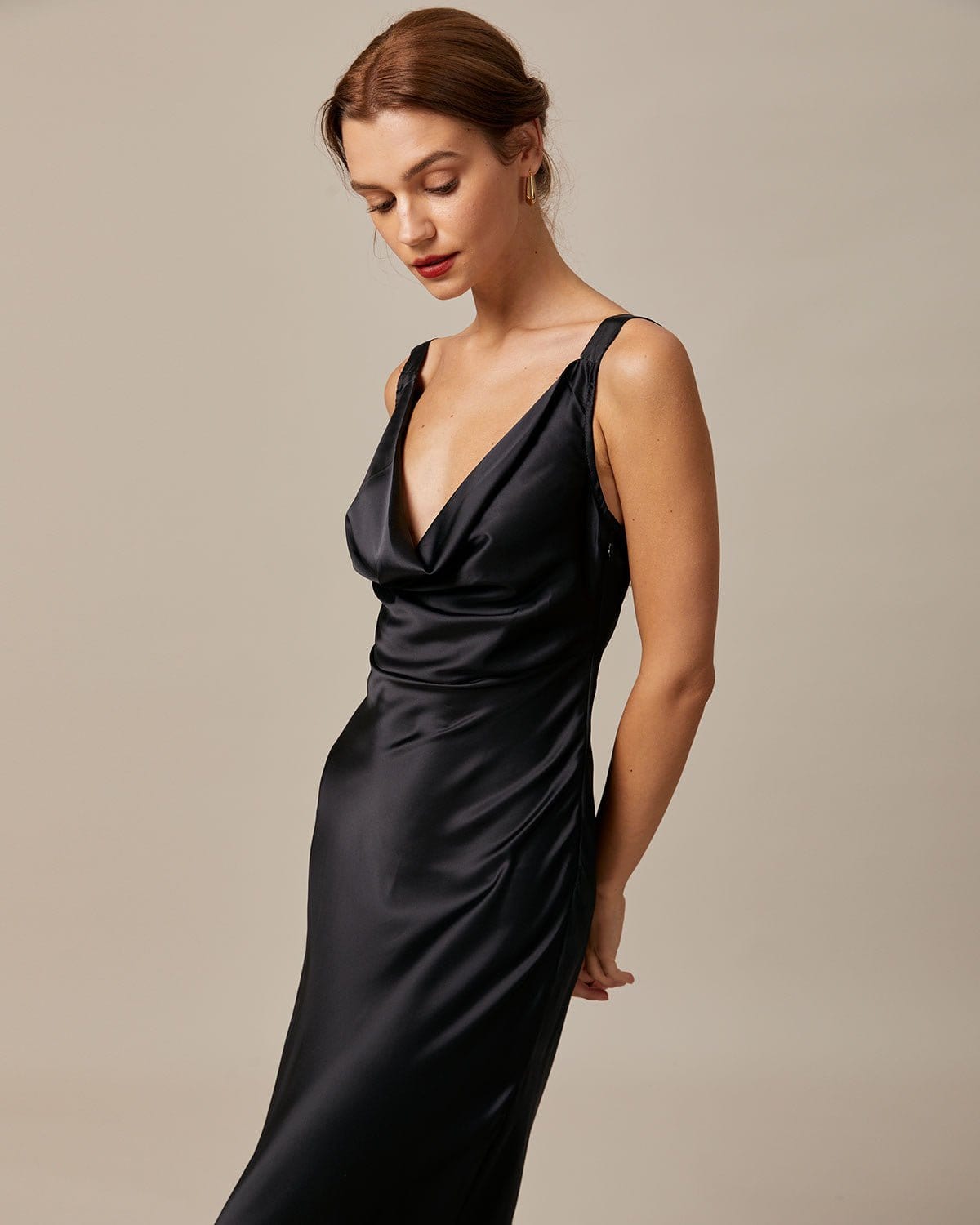 Black satin maxi dress with draped neck