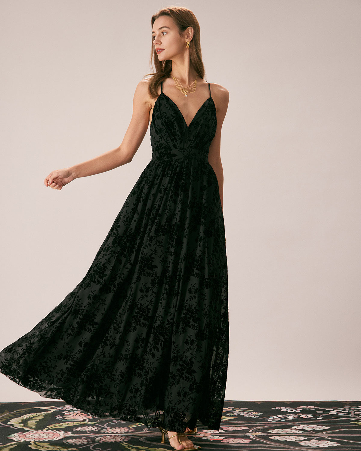Black Floral Flocked Mesh Slit Maxi Skirt