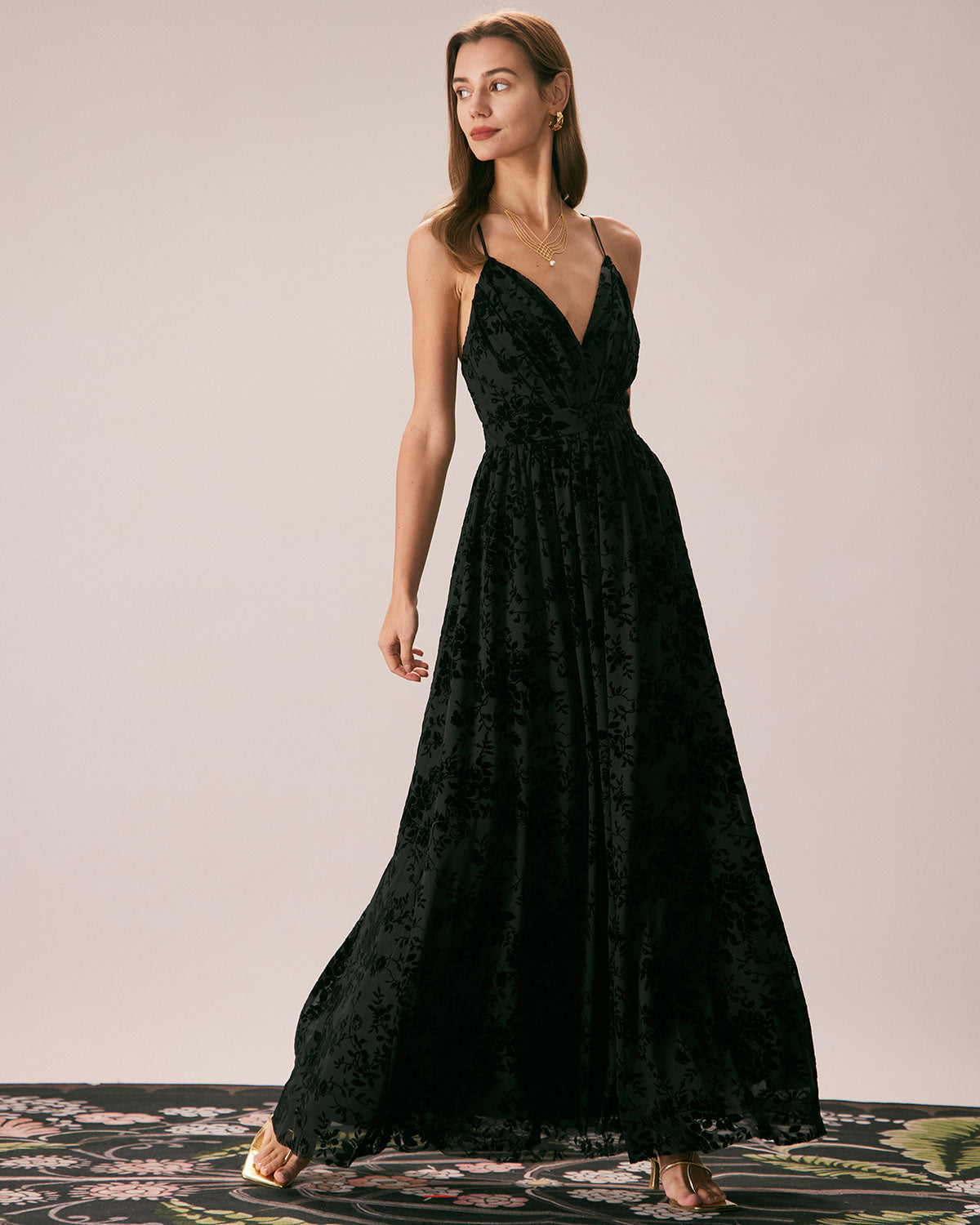 Black Floral Flocked Mesh Slit Maxi Skirt
