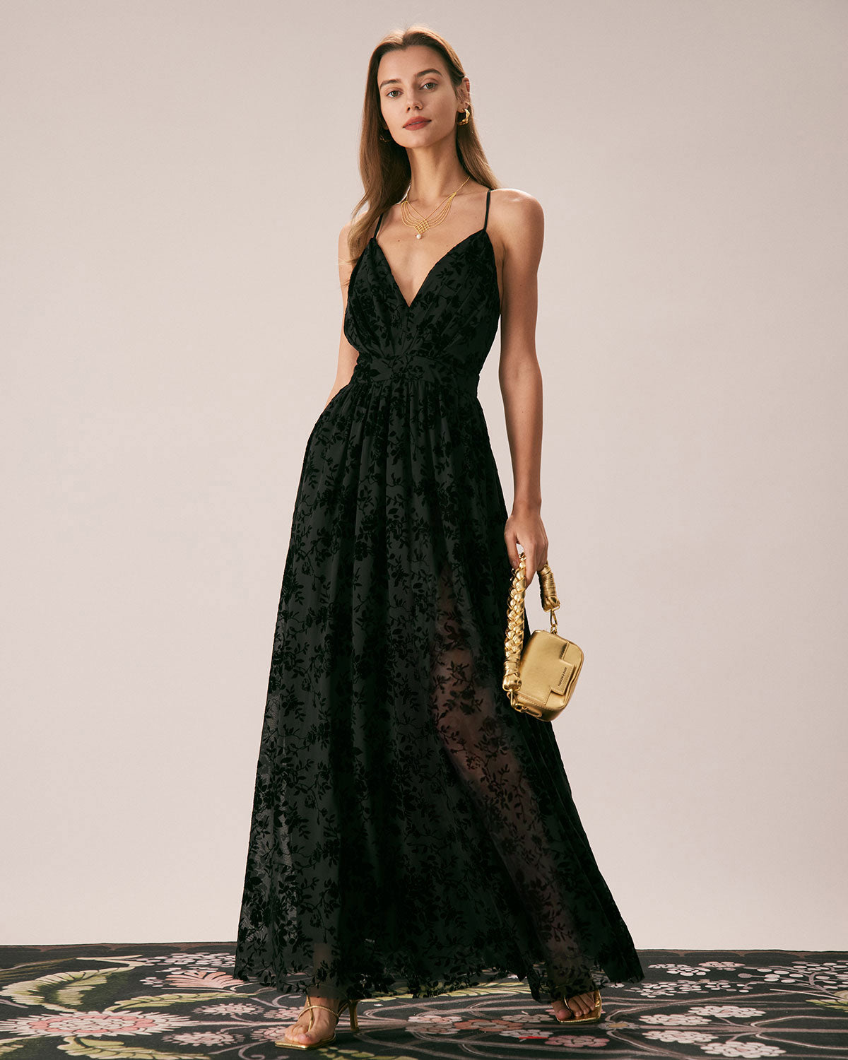 Black Floral Flocked Mesh Slit Maxi Skirt