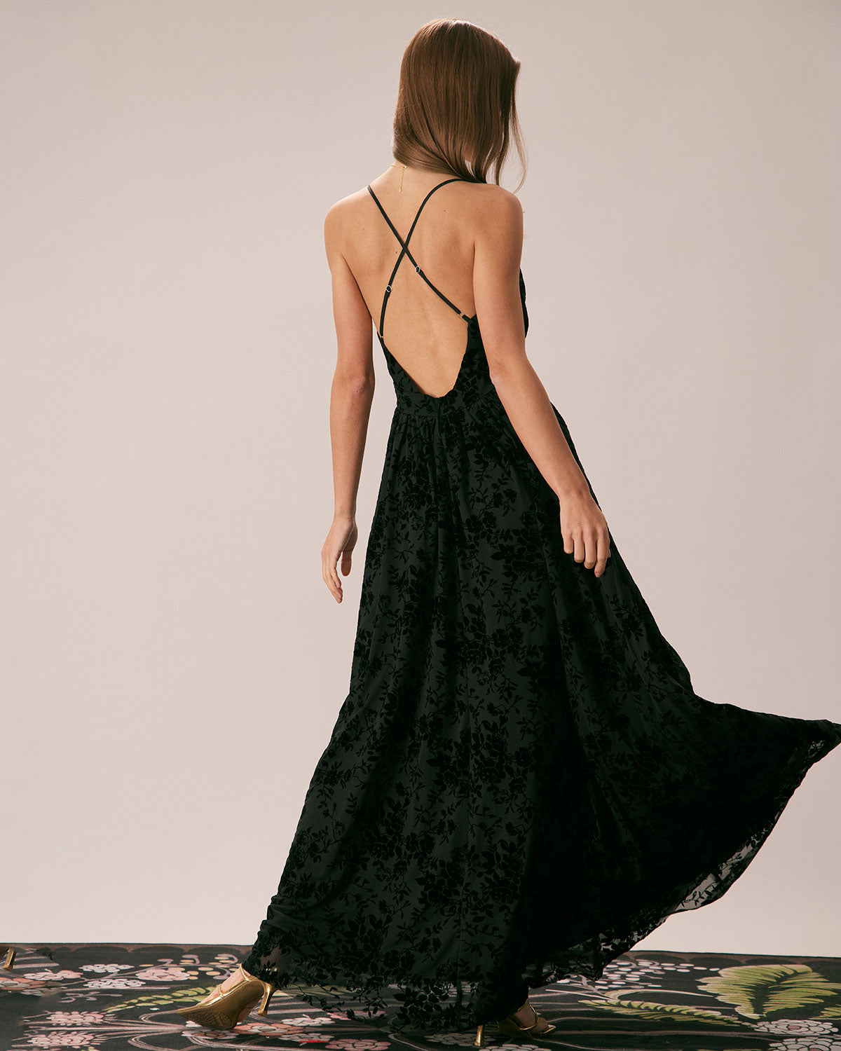 Black Floral Flocked Mesh Slit Maxi Skirt