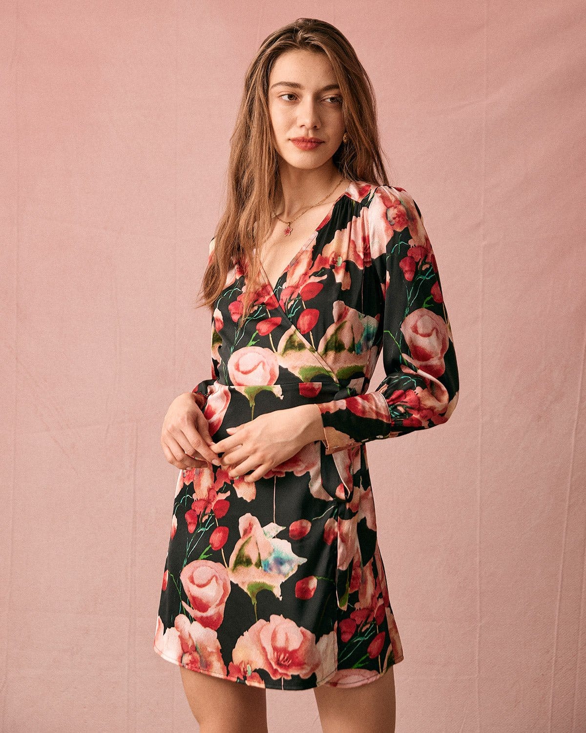 V Neck Long Sleeve Floral Wrap Mini Dress