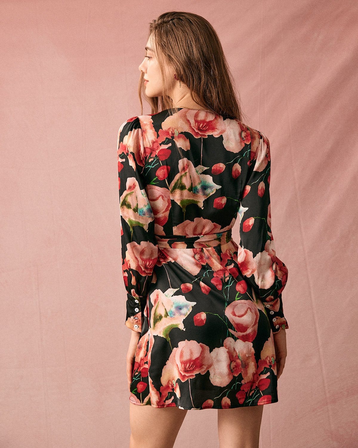 V Neck Long Sleeve Floral Wrap Mini Dress