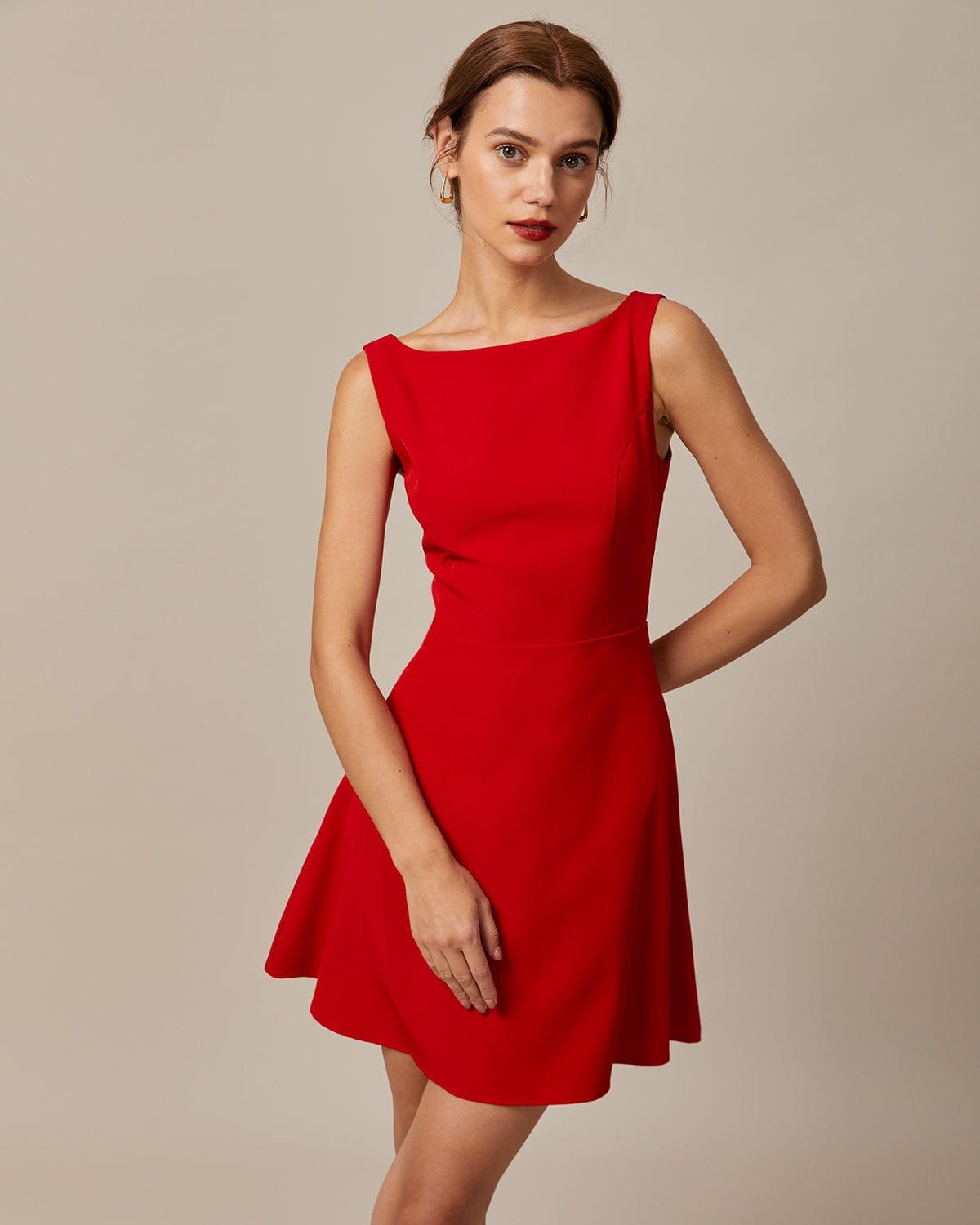 Red Boat Neck High Waist Mini Dress