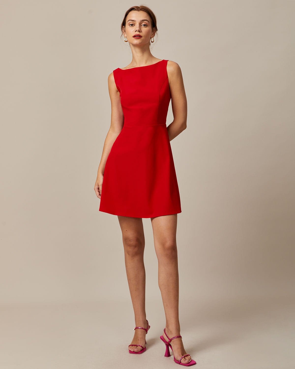 Red Boat Neck High Waist Mini Dress