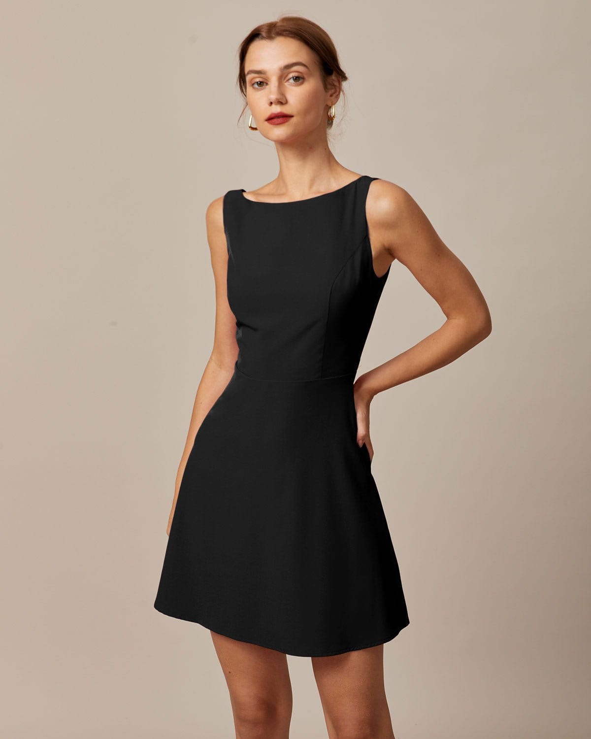 Black Boat Neck High Waist Mini Dress