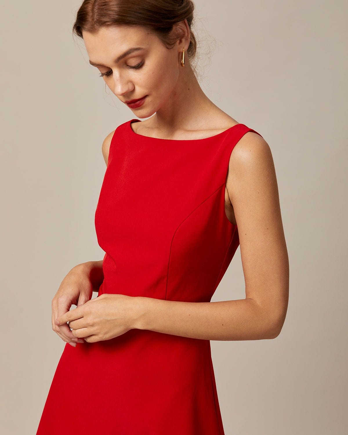 Red Boat Neck High Waist Mini Dress