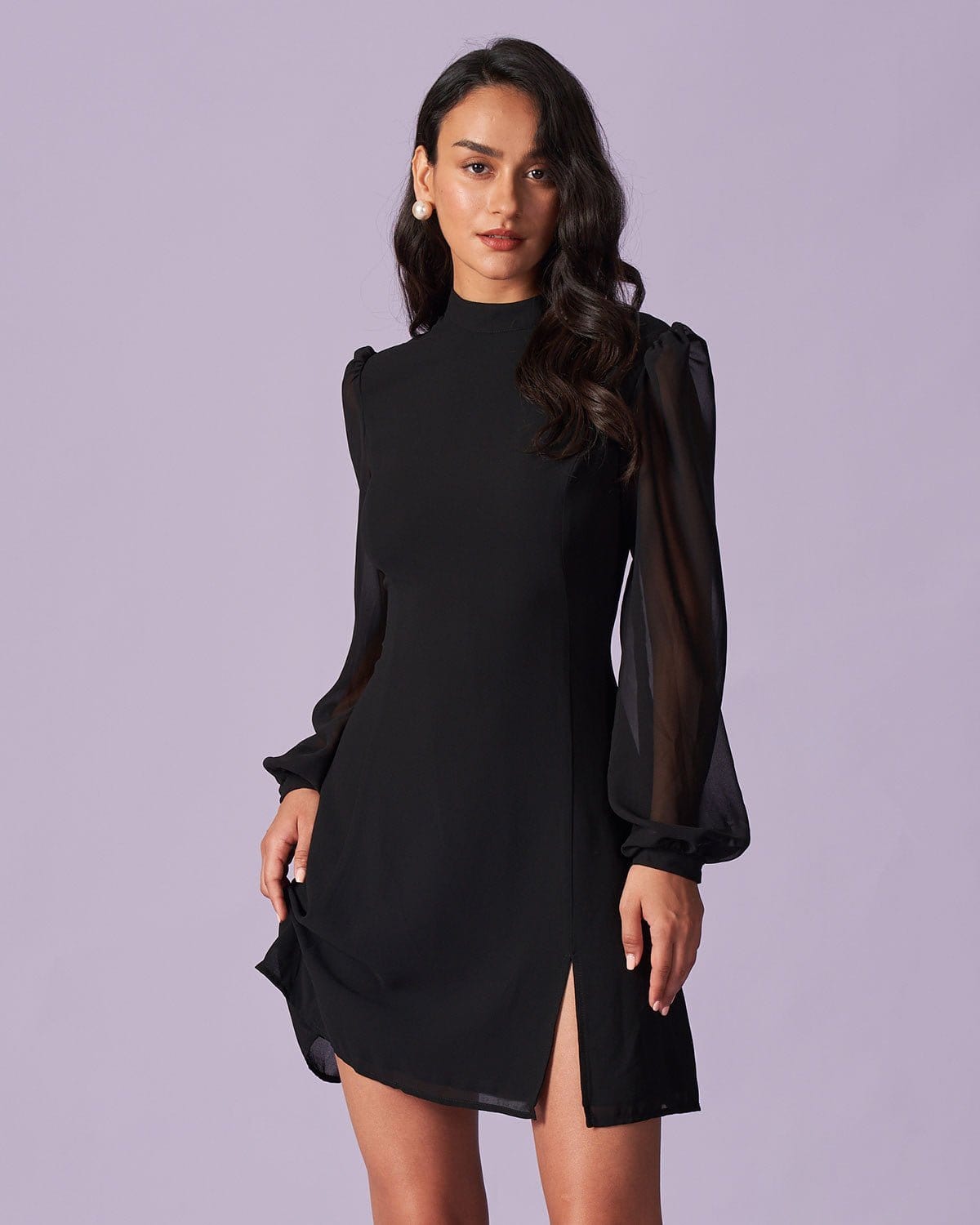Black Stand Collar Sheer Slit Mini Dress