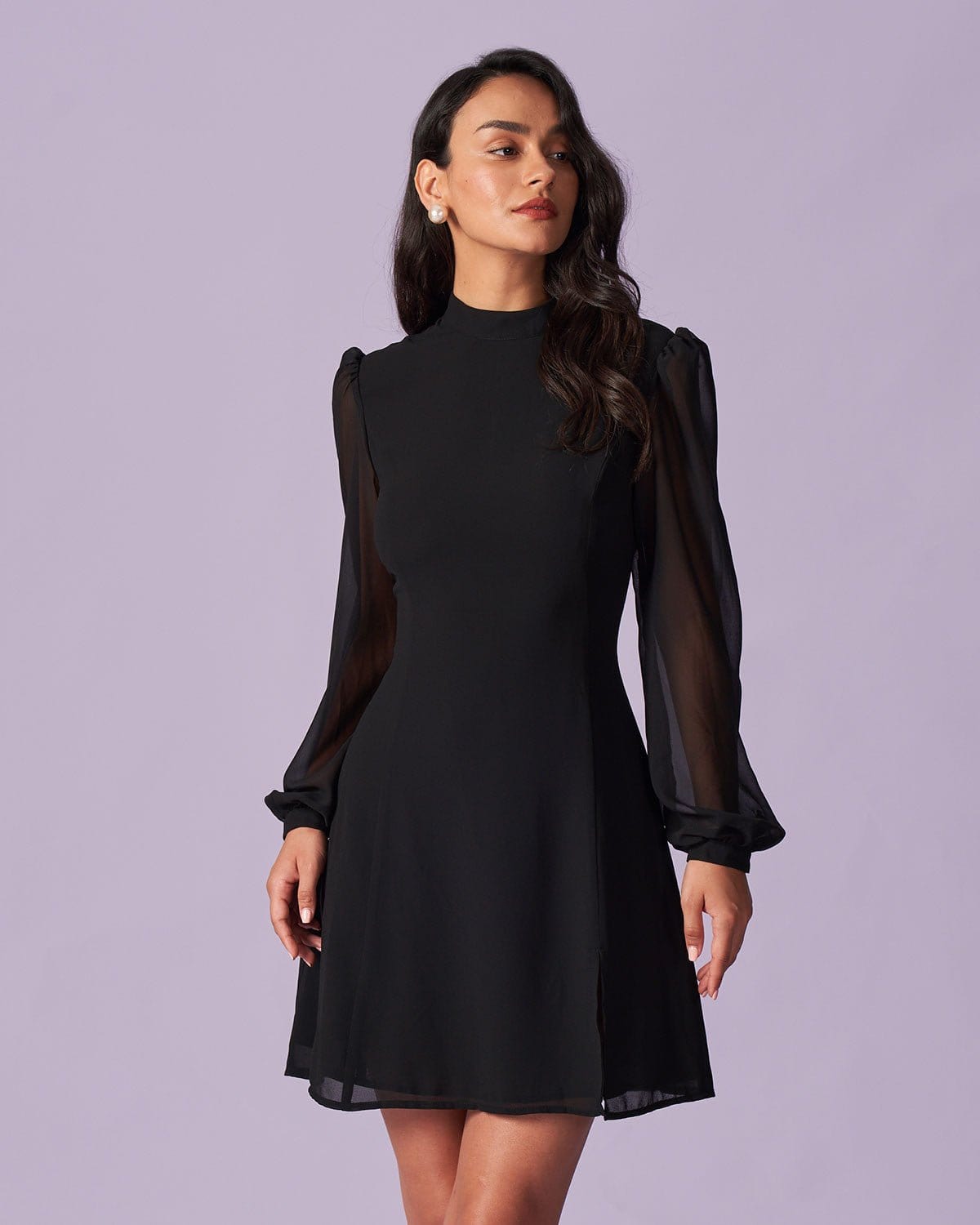 Black Stand Collar Sheer Slit Mini Dress