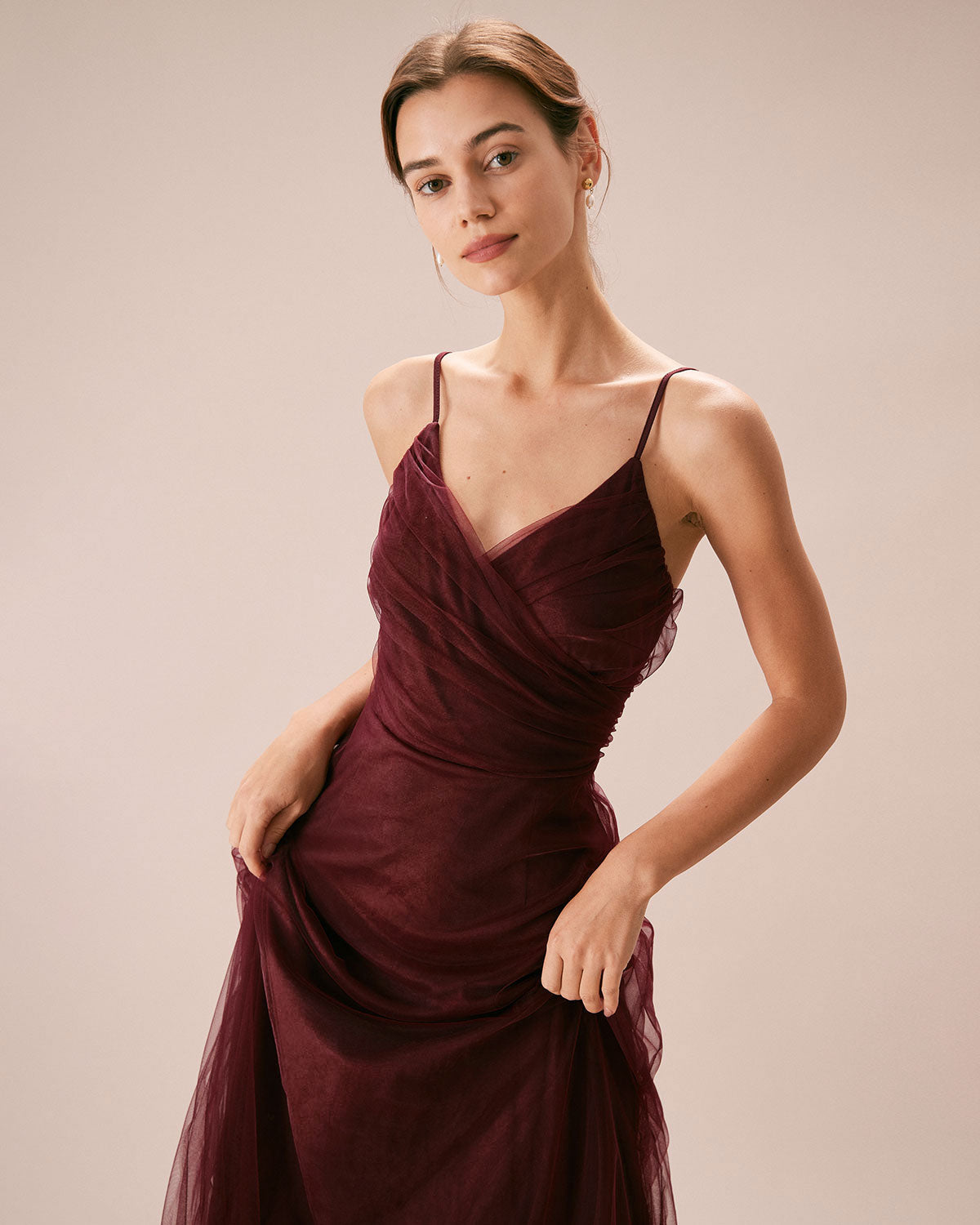 Burgundy V Neck Mesh Wrap Maxi Dress