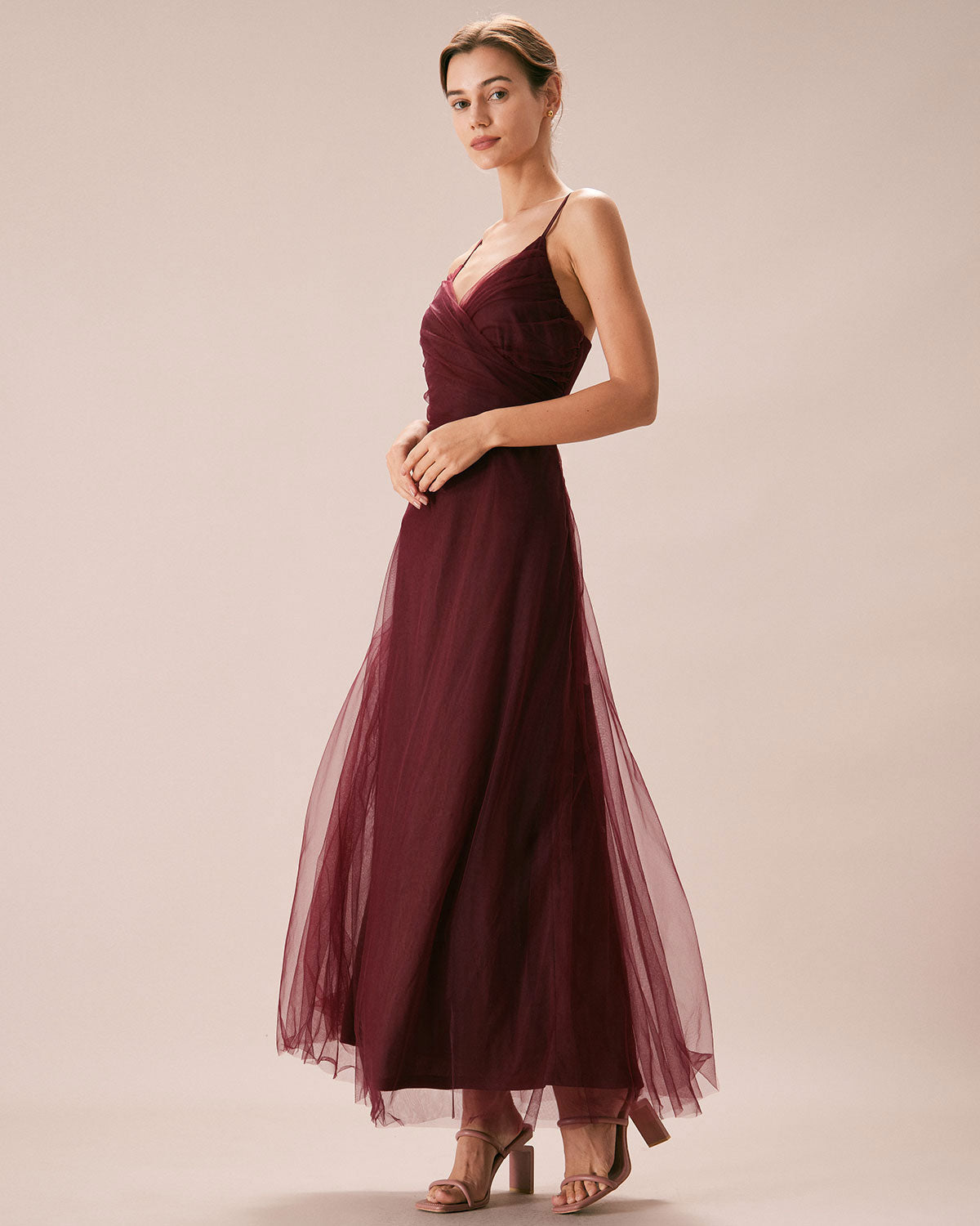Burgundy V Neck Mesh Wrap Maxi Dress