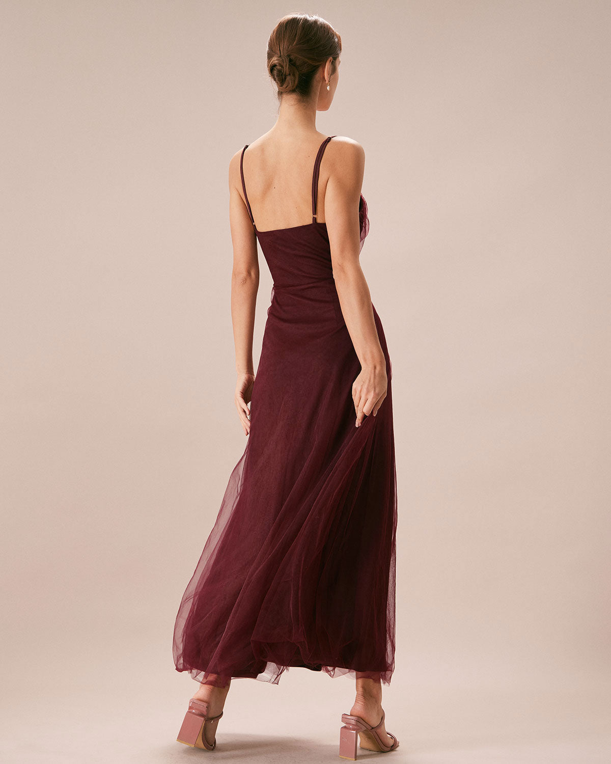 Burgundy V Neck Mesh Wrap Maxi Dress