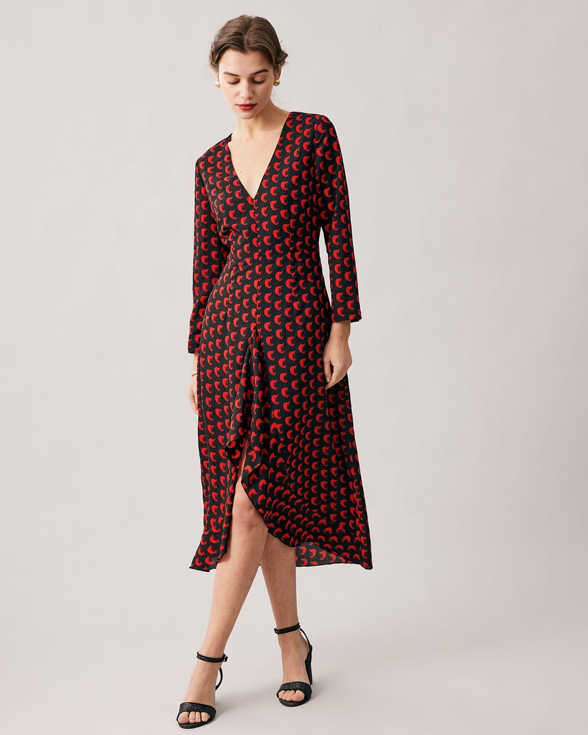Red V-neck Slit Long Sleeve Midi Dress