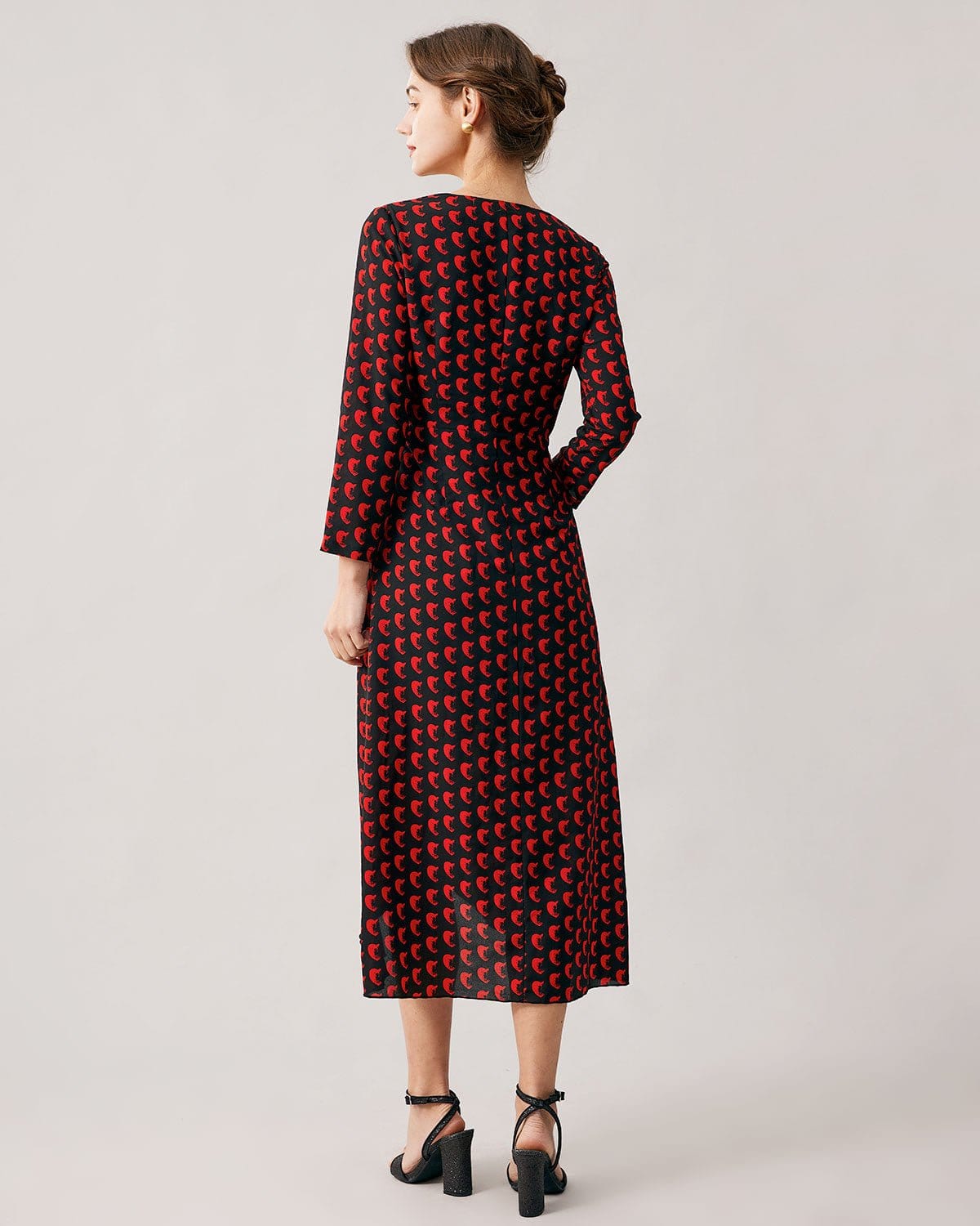 Red V-neck Slit Long Sleeve Midi Dress