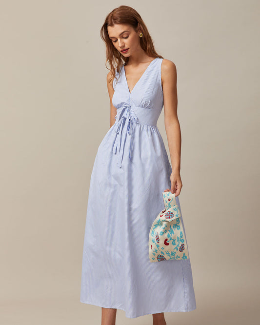 Blue V Neck Pleated Striped Maxi Dress