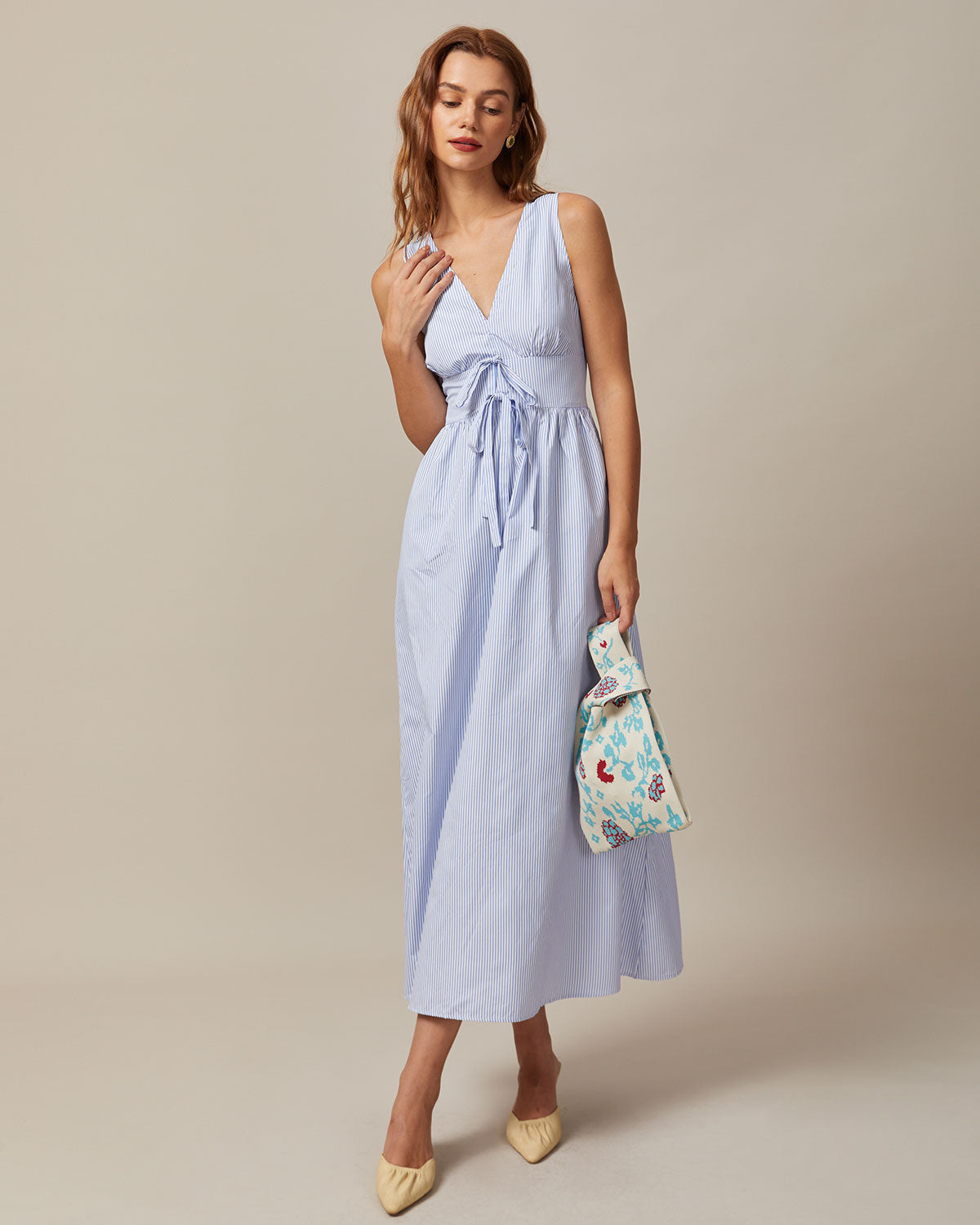 Blue V Neck Pleated Striped Maxi Dress