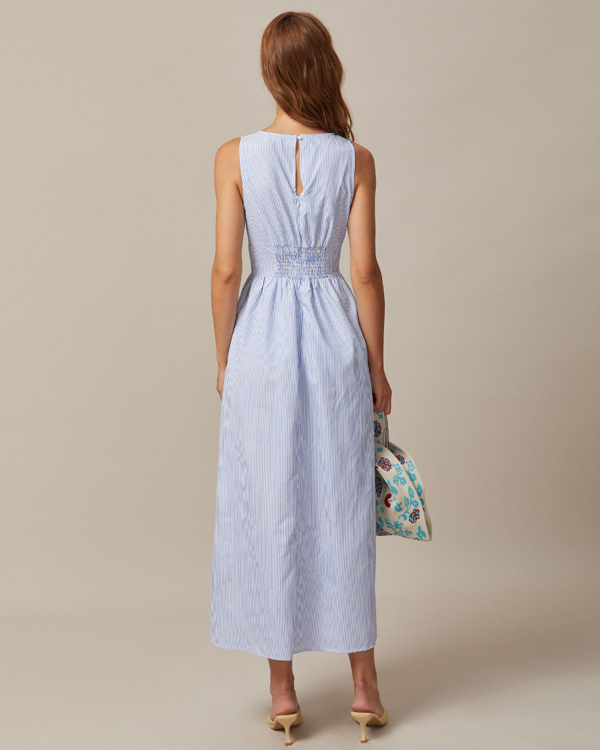 Blue V Neck Pleated Striped Maxi Dress