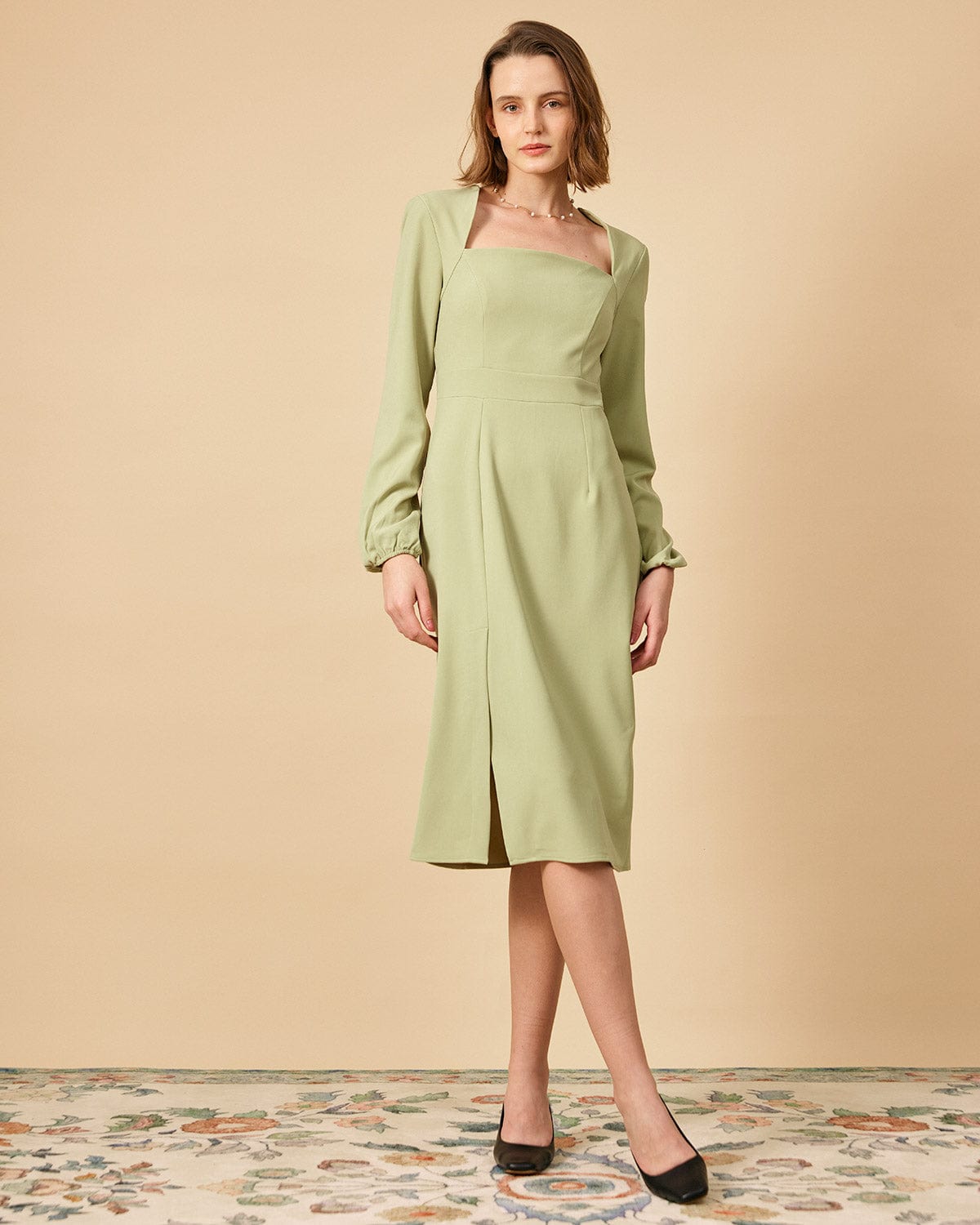 Solid color square neck long sleeve dress
