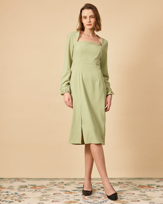 Solid color square neck long sleeve dress