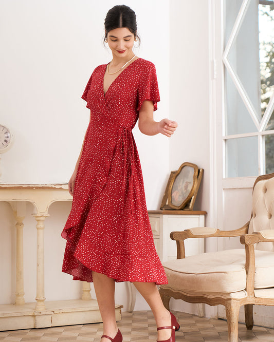 Polka Dot Ruffle Wrap Dress