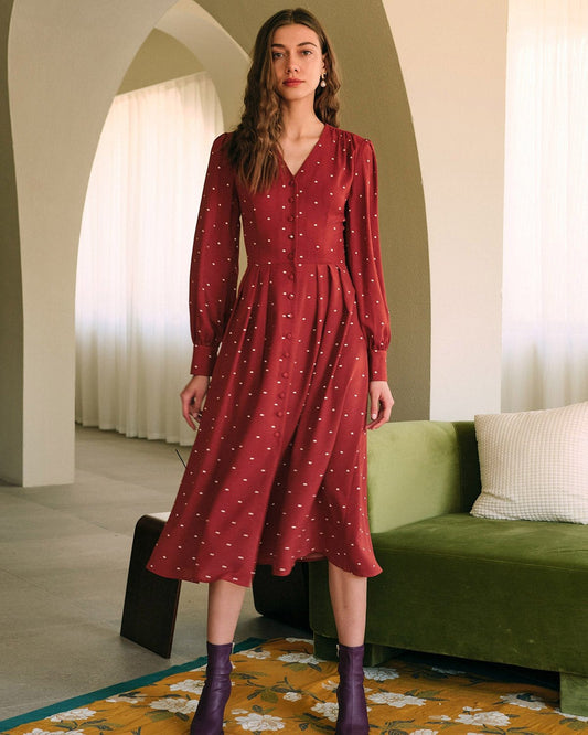 Polka Dot Pleated Midi Dress