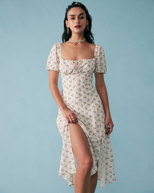 Short Sleeve Floral Pleated Midi Dress