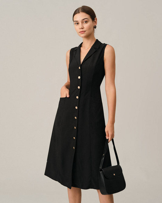 Black V Neck Belted Midi Dress