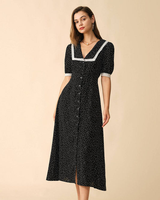 Polka Dot Lace Trim Midi Dress