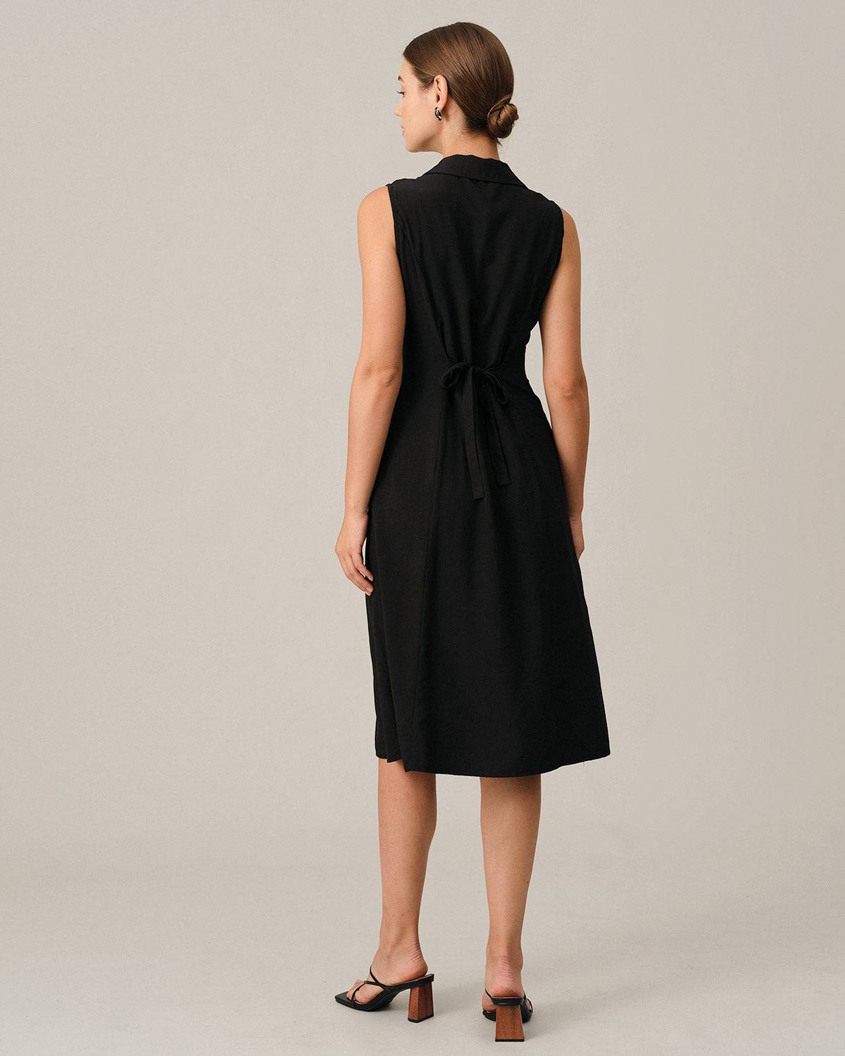 Black V Neck Belted Midi Dress