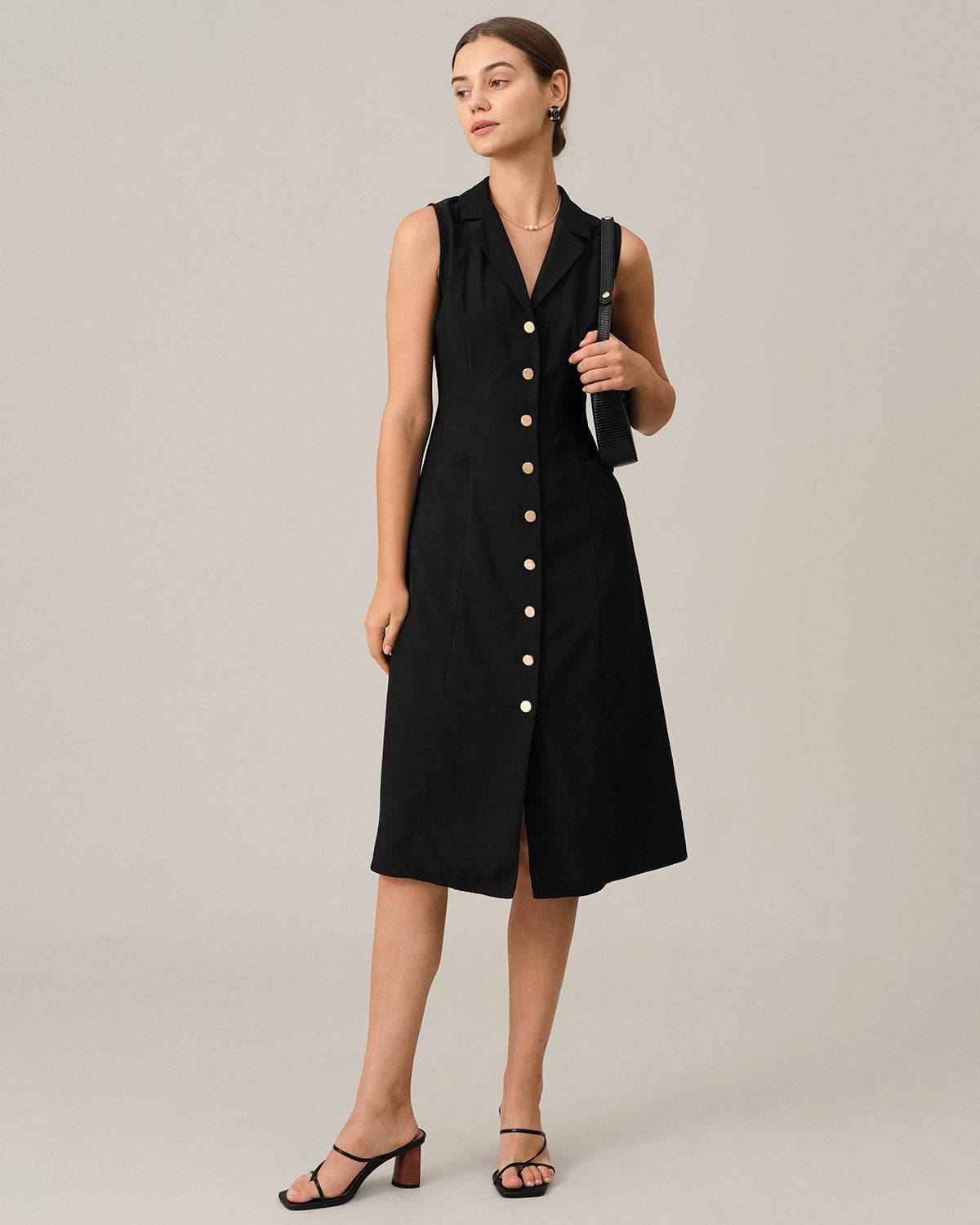 Black V Neck Belted Midi Dress