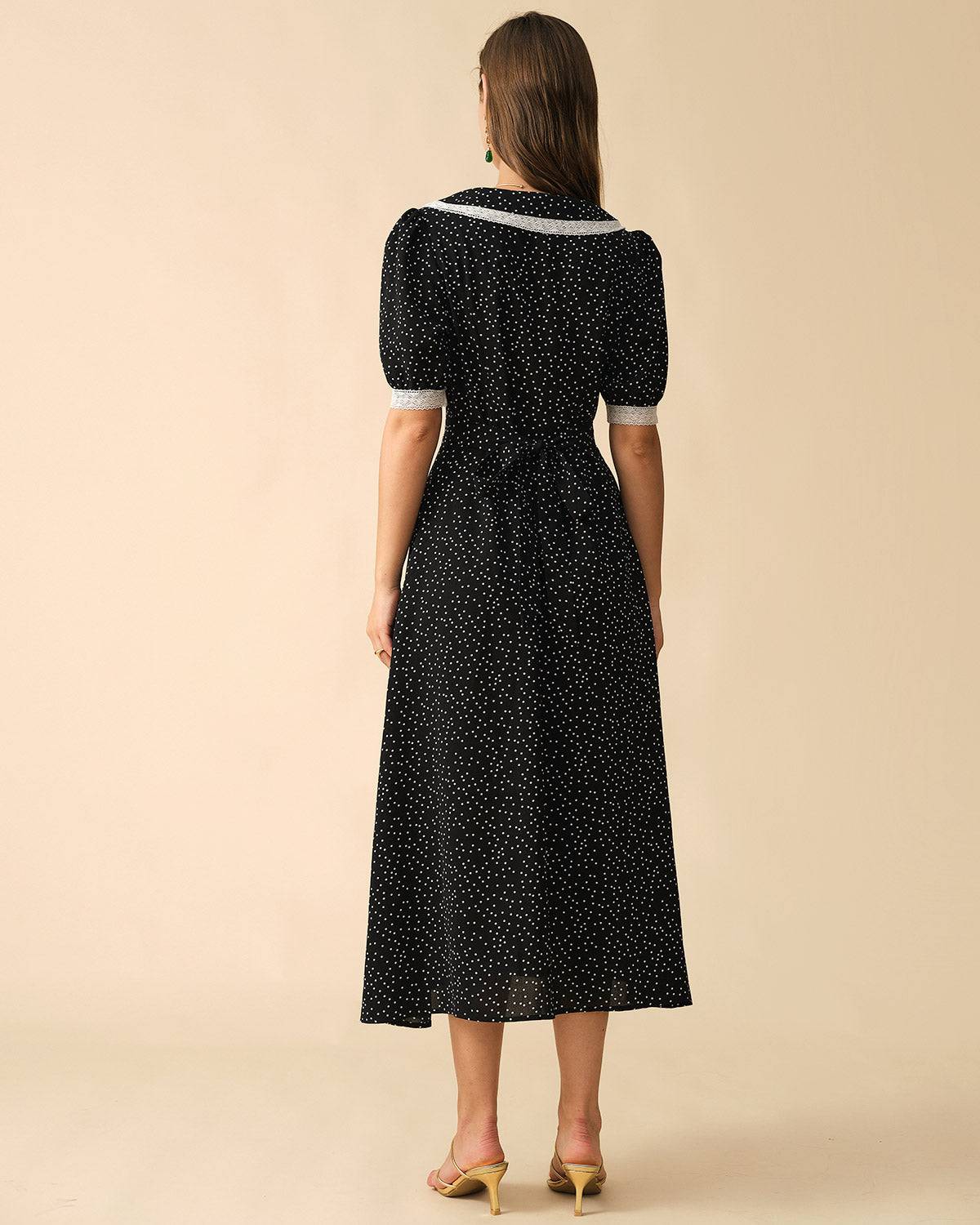 Polka Dot Lace Trim Midi Dress