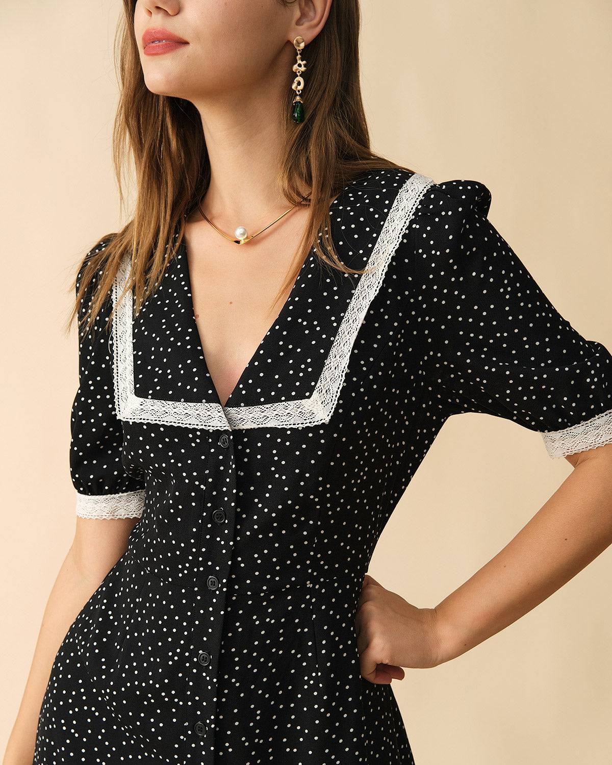 Polka Dot Lace Trim Midi Dress